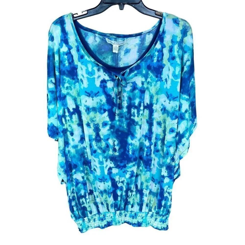 French Laundry Top Scoop Tie Neck Blue White Yellow Attached Tank Top 3X